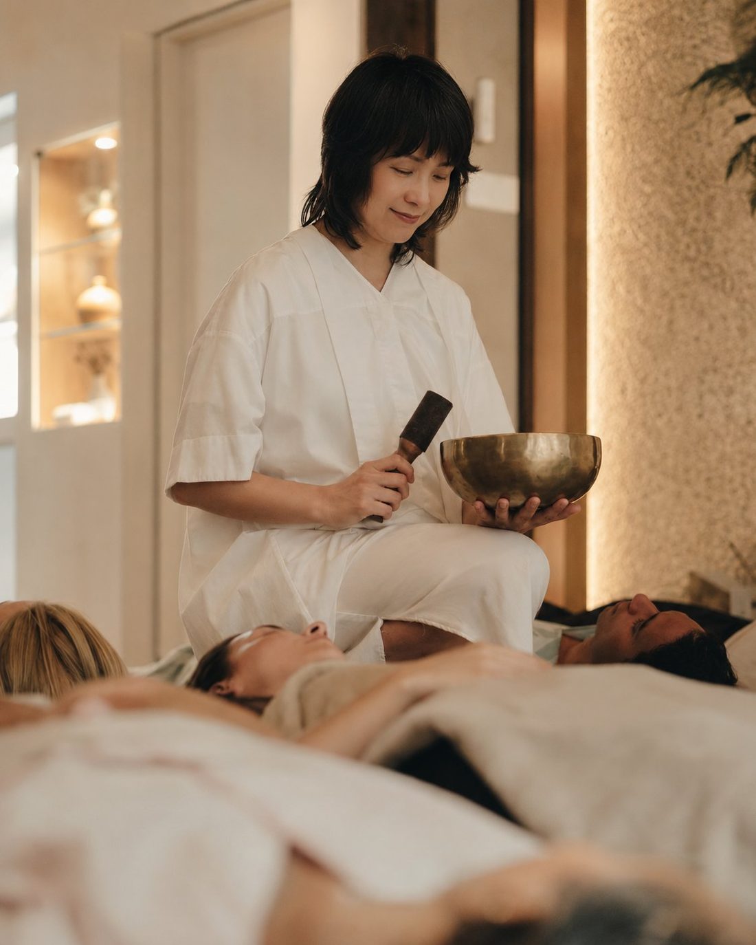 Soojin Pray offering a Korean sound bath to guests in a quiet Seoul studio