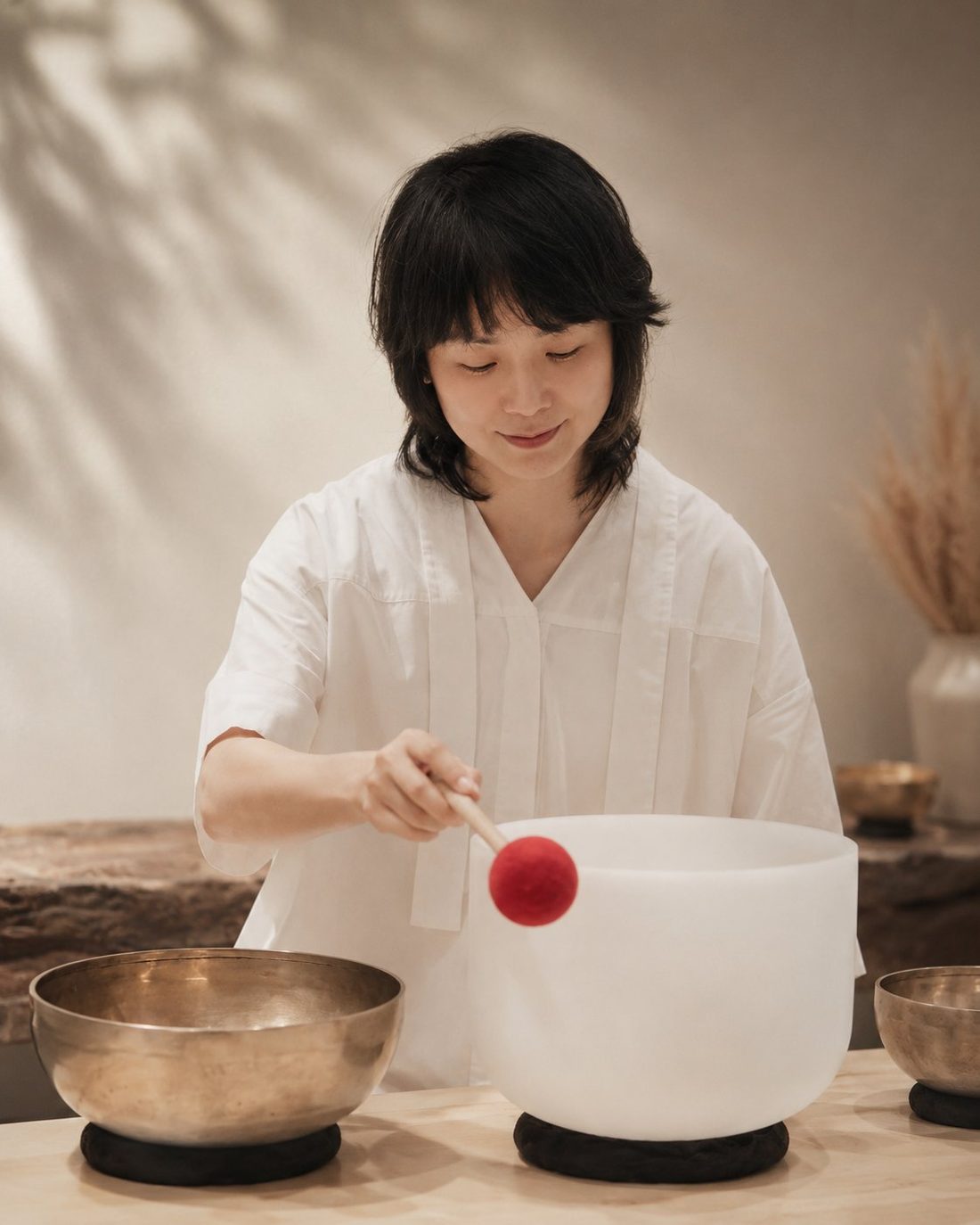 Soojin Pray playing a crystal singing bowl during a Korean sound bath session
